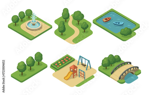 Isometric park elements: playground, trees, fountain, pond, pathway, bridge