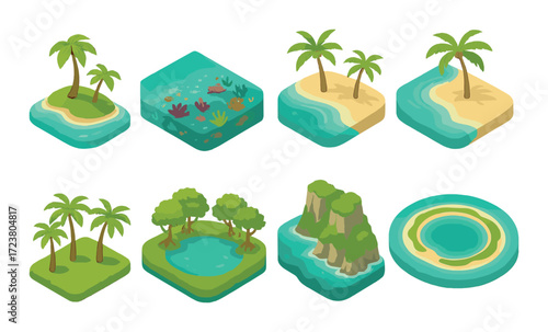 Set of eight vibrant isometric island and ocean themed icons