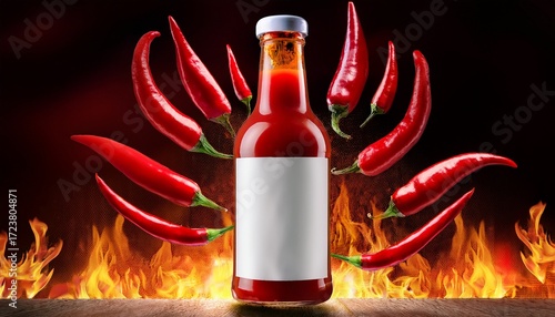 a bottle of spicy hot sauce with a blank mockup label surrounded by red chili peppers and flames