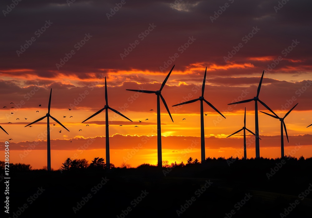 Obraz premium Stunning sunset silhouette of wind turbines generating clean energy with birds flying in vibrant sky, perfect for eco conscious campaigns