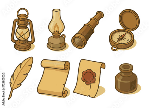 Vintage exploration tools set featuring lantern, telescope, compass, quill, and map scrolls