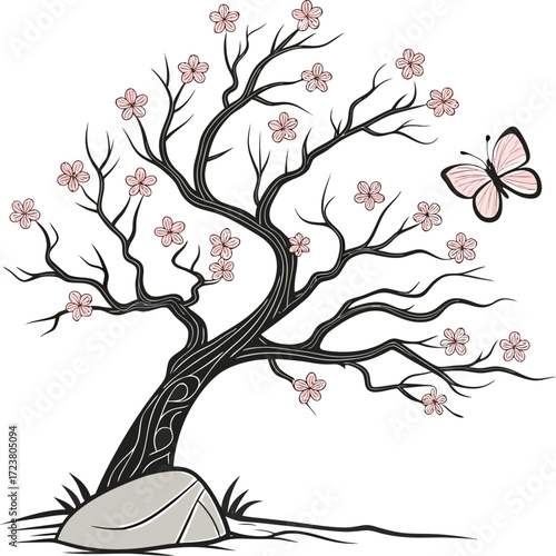 Elegant peach blossom tree line art with a serene stone element