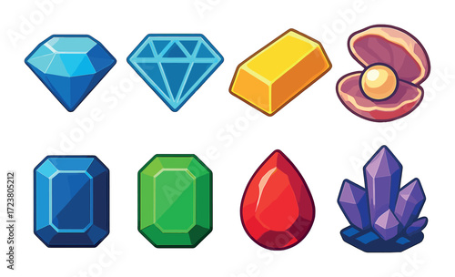 Colorful gemstone collection featuring diamonds, gold bar, pearl, and crystals
