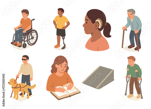 Illustration of diverse individuals with disabilities engaged in daily activities