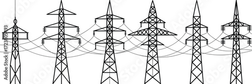 Set of electricity transmission towers with overhead power lines, vector illustration for energy infrastructure, utility design, engineering diagrams, and industrial applications.