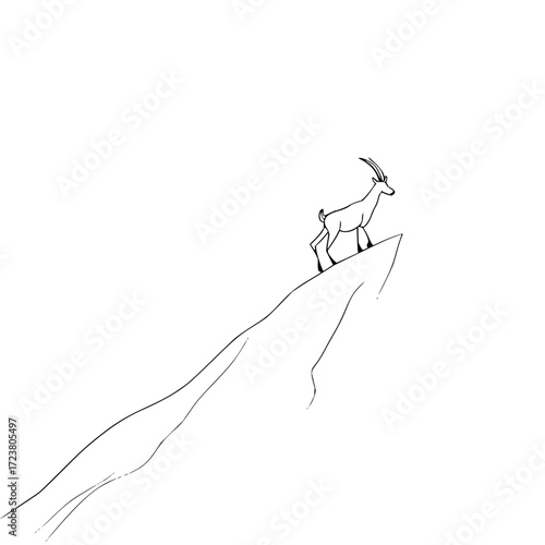 Ibex standing on mountain peak drawing vector illustration wildlife art mountain goat outline alpine animal design