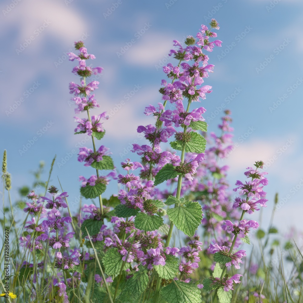 Naklejka premium Purple wildflowers in a meadow against a light blue sky