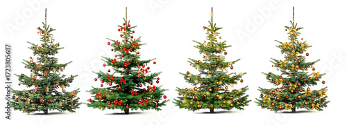 Verschieden Dekorierte Weihnachstsbäume vor weissem Hintergrund
