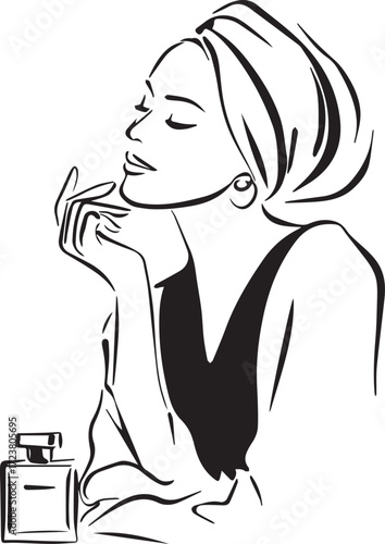 Vector art of elegant woman with a towel on her head applying perfume