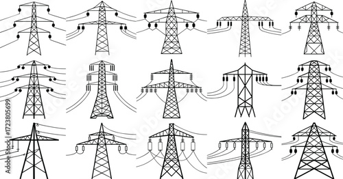 Set of electricity transmission towers with power lines, vector icons for energy infrastructure, utility design, engineering diagrams, industrial projects, and smart grid concepts.