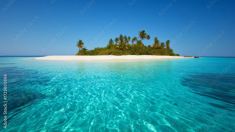Fototapeta premium Tropical island with turquoise lagoon, white sand beach, coconut trees and clear blue sky, high-resolution exotic paradise travel landscape