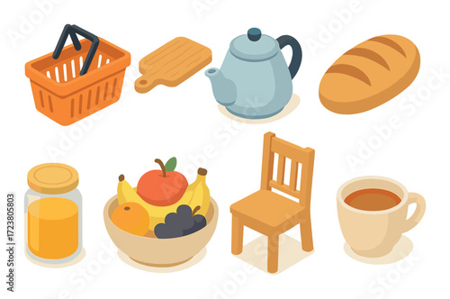Colorful array of kitchen items with teapot, basket, and fruit bowl