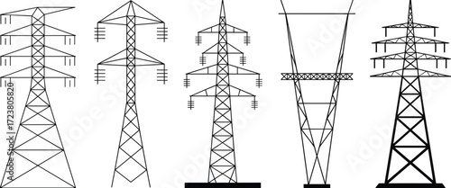 Set of five high voltage electricity transmission towers, vector line art icons for energy infrastructure, utility design, engineering diagrams, and industrial applications.