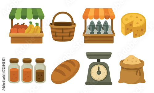 Colorful market icons: fresh produce, fish, cheese, spices, weighing scale, bread, basket