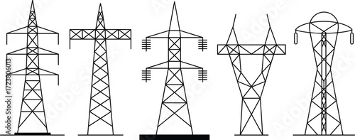 Set of five high voltage electricity transmission towers, vector line art icons for energy infrastructure, utility design, engineering diagrams, and industrial applications.