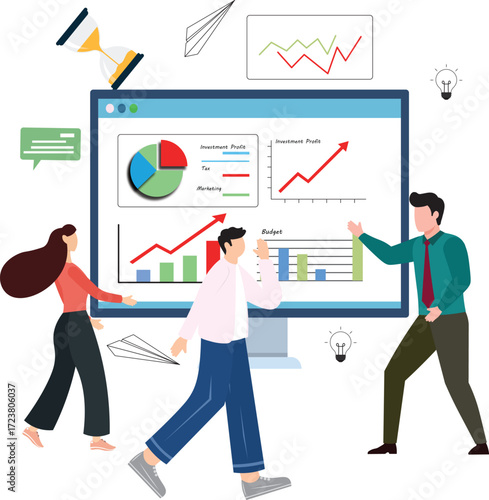 Data analysis, financial dashboard or accounting, corporate revenue or investment profit, tax, budget or marketing strategy concept, business people working with financial dashboard and calculator.