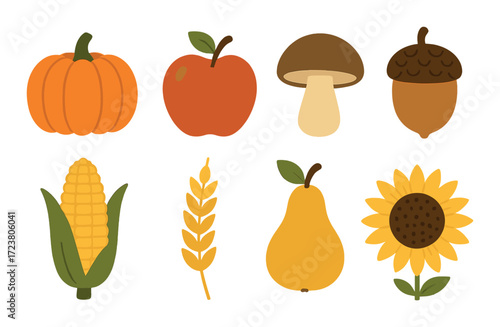 Autumn harvest: pumpkin, apple, mushroom, acorn, corn, leaf, pear, sunflower illustrations