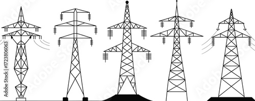 Set of five high voltage electricity transmission towers, vector line art icons for energy infrastructure, utility design, engineering diagrams, and industrial applications.
