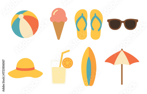Colorful summer icons: beach ball, ice cream, flip-flops, shades, hat, drink, surfboard, umbrella