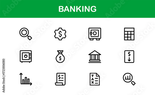 Modern Banking Icons Pack. Flat and linear icons of credit cards, ATMs, money transfers, and banks for websites, presentations, and digital applications.