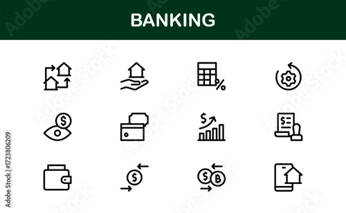 Banking Icons in Modern Minimal Style. Includes banks, ATMs, accounts, and credit cards perfect for apps, websites, and financial industry design projects.
