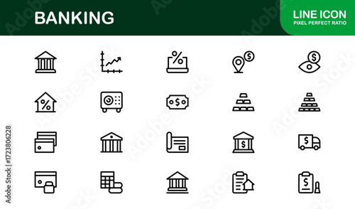Creative Banking Icons Collection. Flat and linear icons of banks, money transfers, ATMs, and credit cards for financial institutions, apps, and web projects.