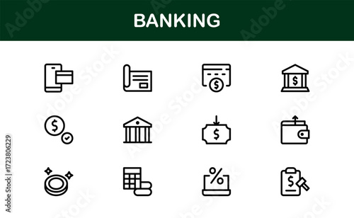 Creative Finance and Banking Icons Set. Includes modern illustrations of online transactions, accounts, ATMs, and cards in flat and outline styles.