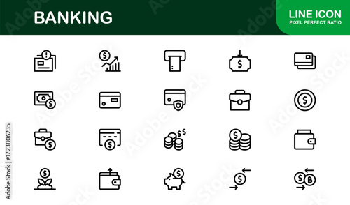 Minimal Banking Icons Pack. Sleek icons of accounts, money transactions, ATMs, and banknotes perfect for apps, websites, and financial industry design projects.