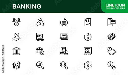 Flat Banking Icons Set. Modern illustrations of credit cards, ATMs, money transfers, online banking, and financial services in a clean flat style for finance projects.
