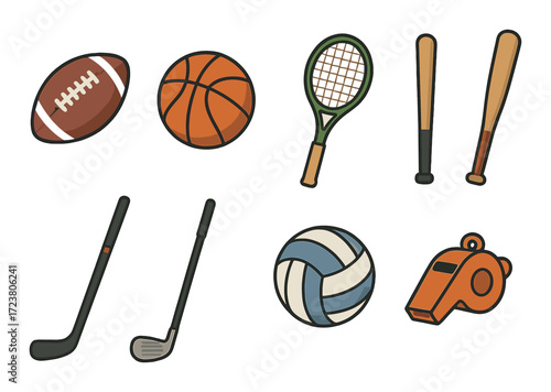 Collection of cartoon sports equipment: basketball, football, tennis, hockey, volleyball, whistle, baseball bats
