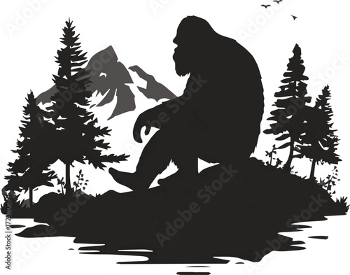 Vector art of silhouette of bigfoot sitting on a rock in vector format