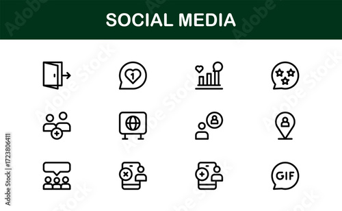 Minimal Social Media Icons Set. Clean, simple icons of chats, notifications, likes, and followers designed for mobile apps, websites, and digital platforms.