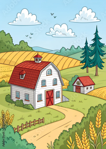 Illustration of a farm with a barn, a field, and trees under a blue sky