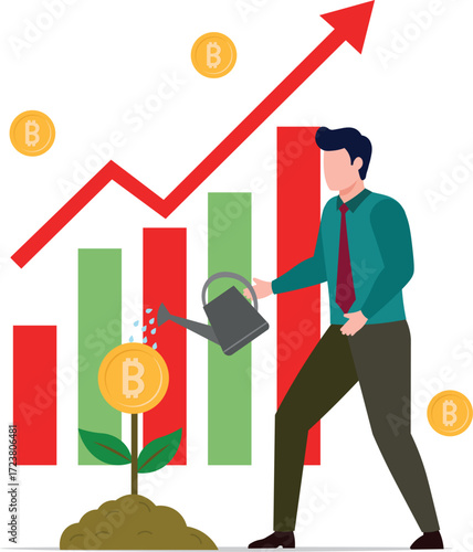 Investment growth, growing money to earn profit from savings, increase wealth from stock market or trading, mutual fund or assets concept, businessman watering grow money with rising financial chart.