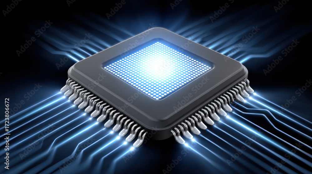Fototapeta premium Glowing microchip with radiant blue core, futuristic circuit board, digital technology, innovation, and high tech energy