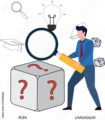 Random or chance to win, gamble, risk management or analyze opportunity, prediction or forecast future, unknown or uncertain concept, businessman with magnifying glass analyze dice with question mark.