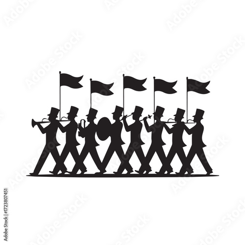 Silhouette of a marching band with trumpets and flags, isolated on white background