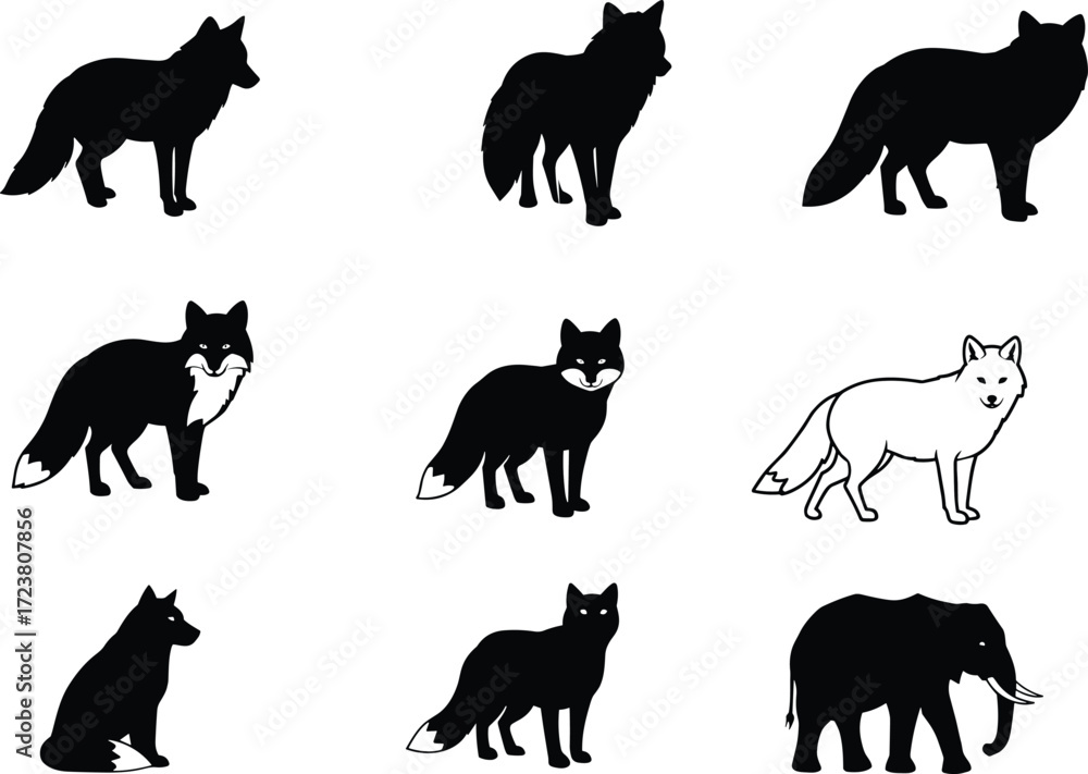Naklejka premium Collection of fox silhouettes, wild animal illustrations, creative vector graphics including elephant and cat icons for wildlife nature design projects.