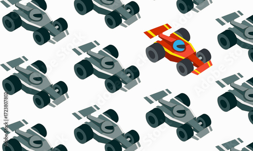 Unique red racing car stands out among gray cars in repeating pattern. Concept of individuality, leadership, competition, speed, and innovation on white background.