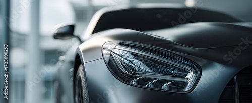 The luxury sports car headlight captured in a sleek metallic showroom closeup