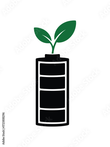 Green energy concept with plant growing from battery