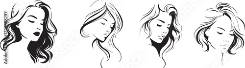 Vector art of four beautiful woman faces with long hair