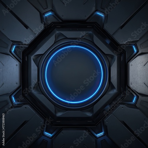 Futuristic dark gray metallic panel with glowing blue circular core