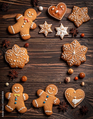 Christmas gingerbread cookies arranged on a wooden surface
