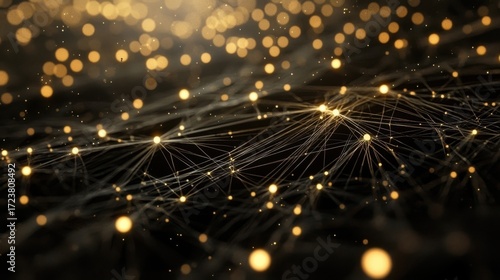Abstract glowing nodes interconnected with golden white light forming intricate network patterns symbolizing relationshi