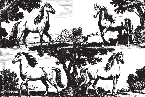 Vector art of four horses in black and white, standing in a field with trees around them