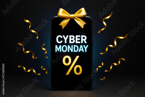 Cyber Monday Smartphone With Golden Bow And Confetti On Dark Background. Concept of Online Shopping Discounts, E Commerce Promotions, Seasonal Marketing Trends, And Modern Digital Sales
