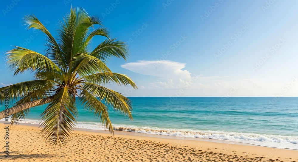 Fototapeta premium Tropical beach paradise with a palm tree, turquoise sea and clear blue sky