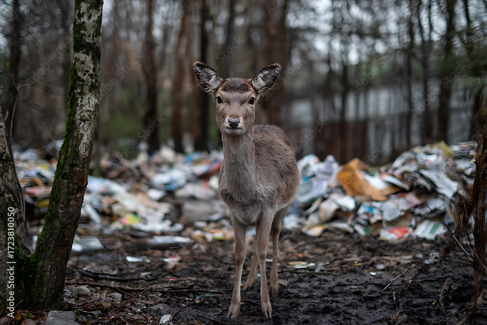 Fototapeta premium A poignant image of a deer standing amidst a polluted landscape, highlighting environmental concerns and wildlife vulnerability.