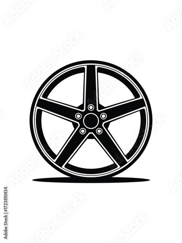 Black five spoke alloy car wheel rim on white background